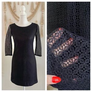 Trina Turk beautiful black lace mini sheath dress 3/4 sleeve crochet summer 0